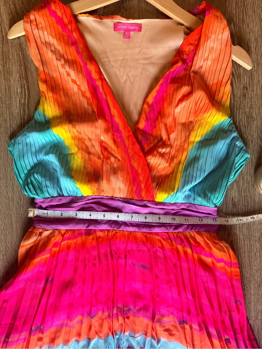 Flying Tomato Rainbow Pleated Maxi Dress Sleeveless V Neck Size L Colorful - Picture 7 of 10